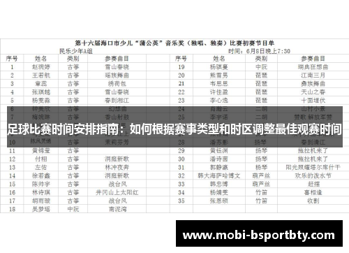 足球比赛时间安排指南：如何根据赛事类型和时区调整最佳观赛时间