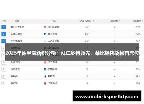 2025年德甲最新积分榜：拜仁多特领先，莱比锡挑战榜首席位